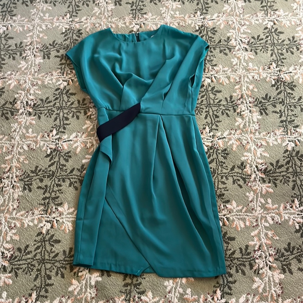 Teal blue assymetrical mini dress with black waist band